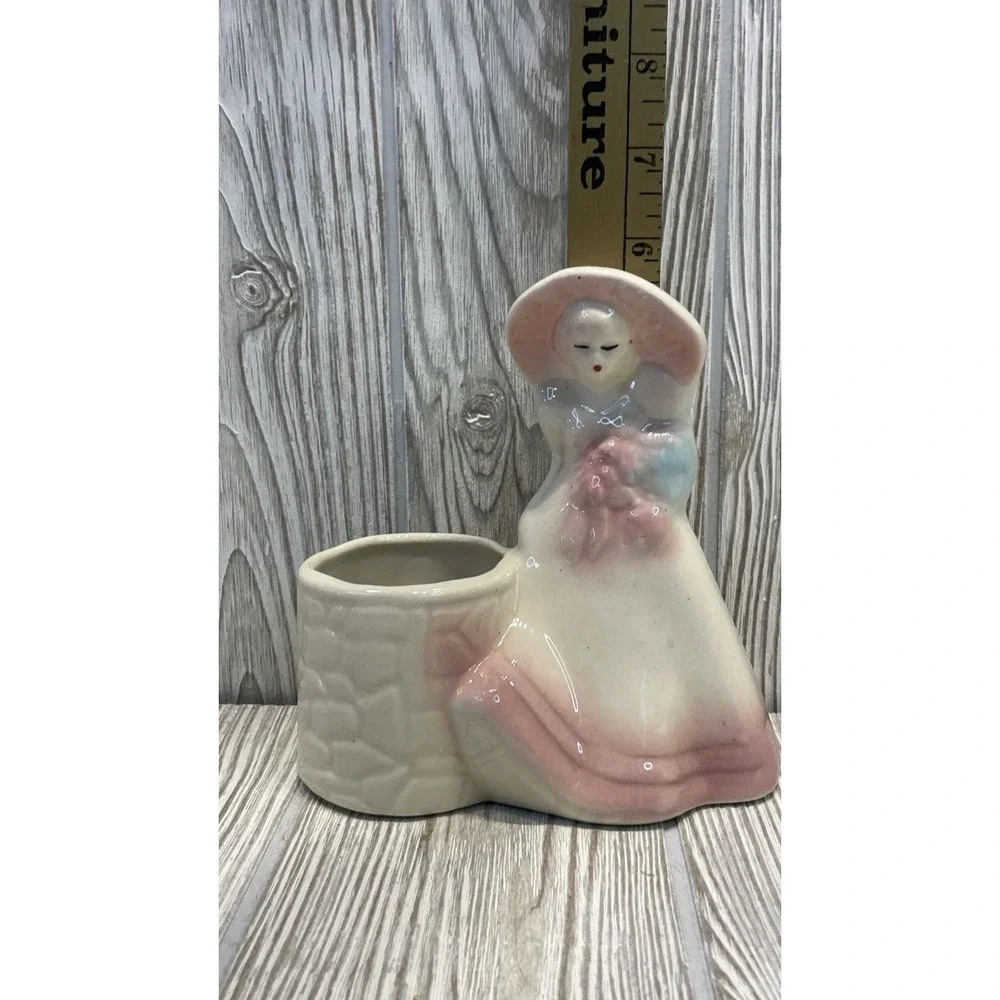 Vintage Ceramic Victorian Lady Planter Sun Hat Figurine Pink Blue Pastel Well